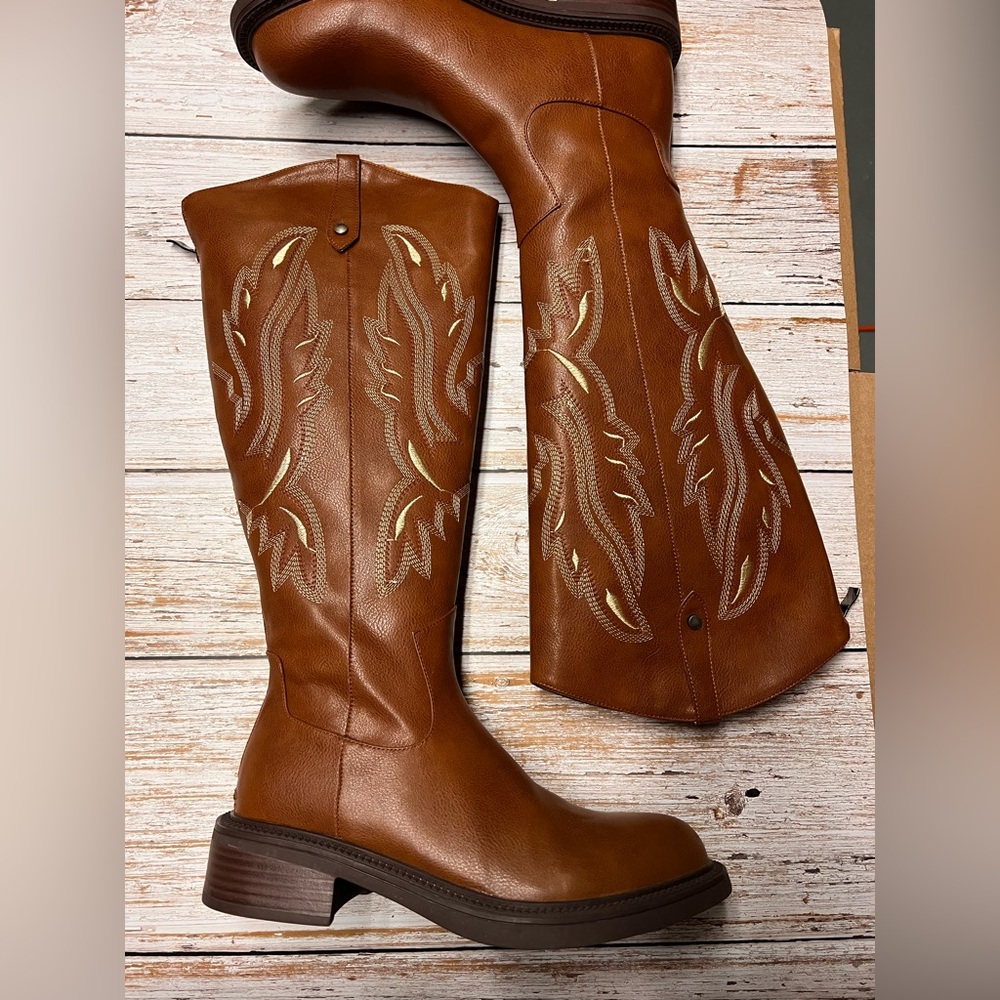 Women’s Tan Leather Western Knee-High Boots with Embroidered Detail